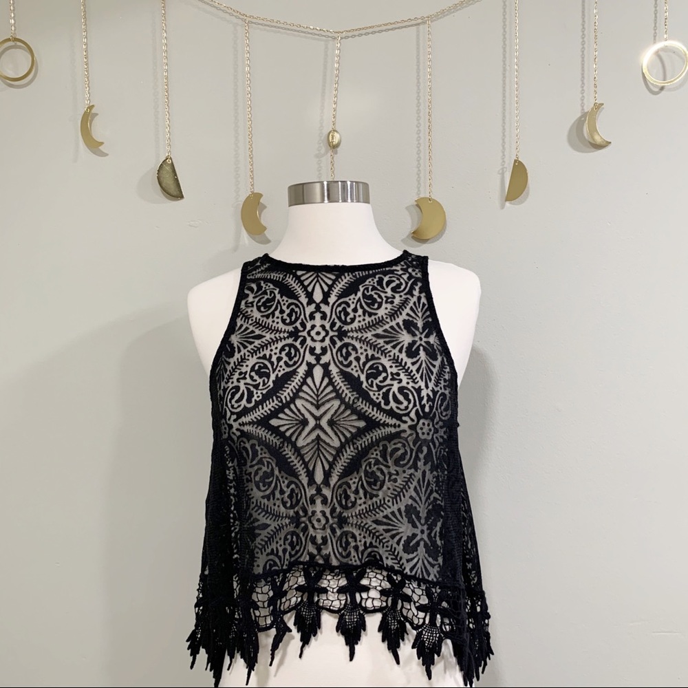 Forever21 Open Back Sheer Embroidered Top Black S